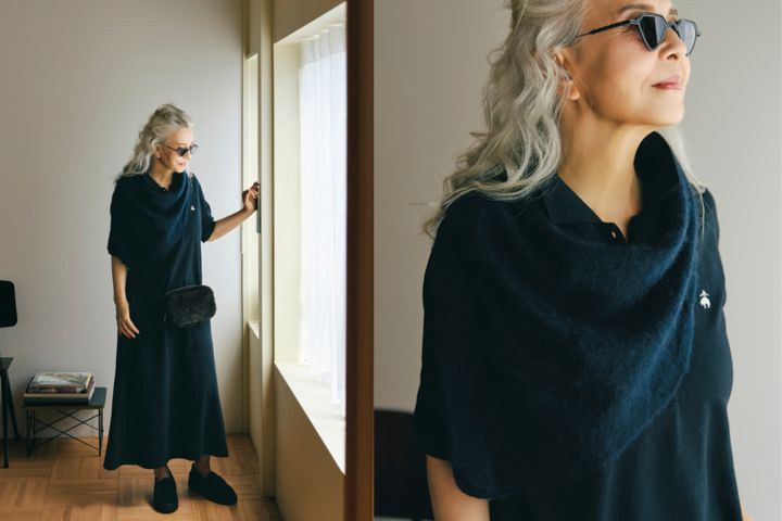 ワンピース¥26,400、ストール¥33,000／ブルックス ブラザーズ（ブルックス ブラザーズ ジャパン）、サングラス¥97,900／カポーテ（グローブスペックス エージェント）、バッグ¥46,200／オルセット（オルサ）、靴¥25,300／ピモンテ