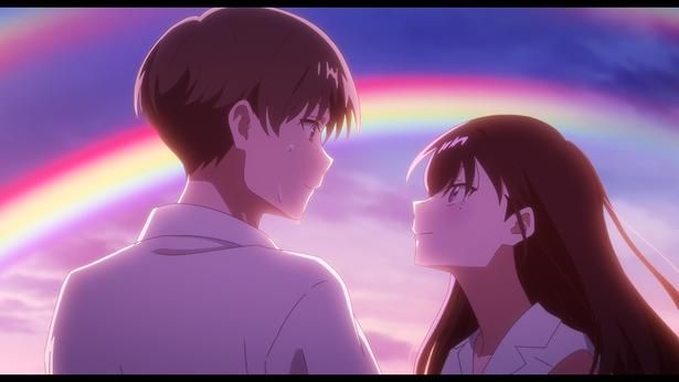 和希と七緒が虹を眺めるシーンを劇伴もドラマチックに盛り上げる [c]阿部暁子／集英社・『どこよりも遠い場所にいる君へ』製作委員会