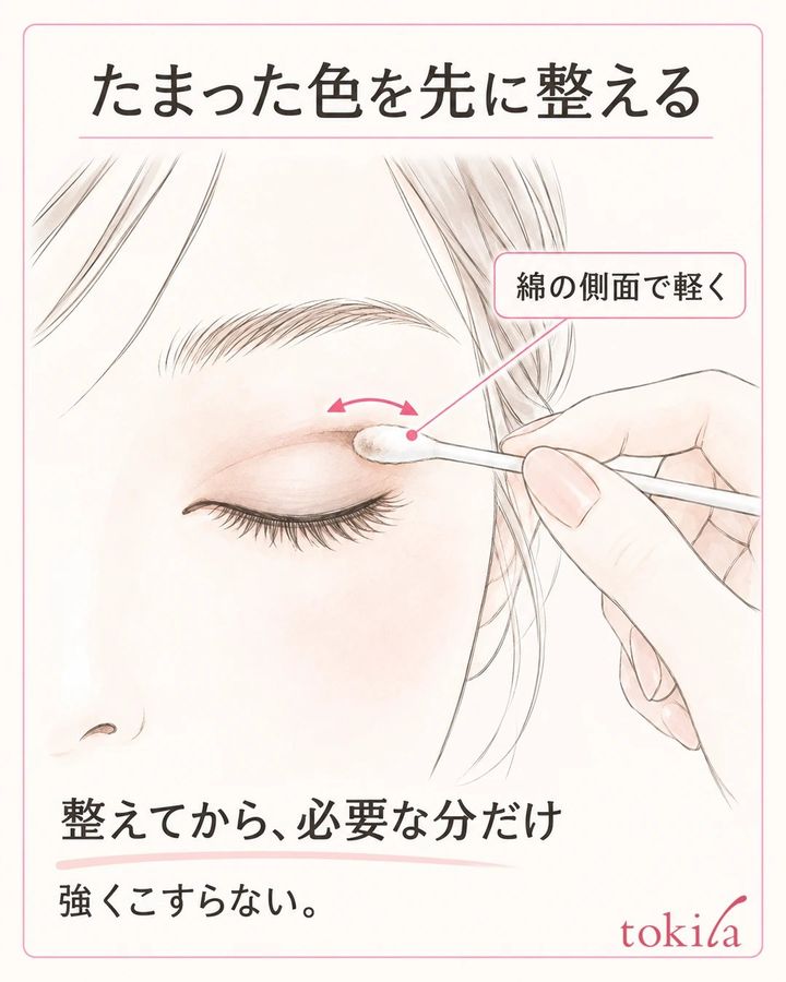 閉じた上まぶたの折れ目に綿棒の柔らかい側面を当て、たまった色を軽く整える図
