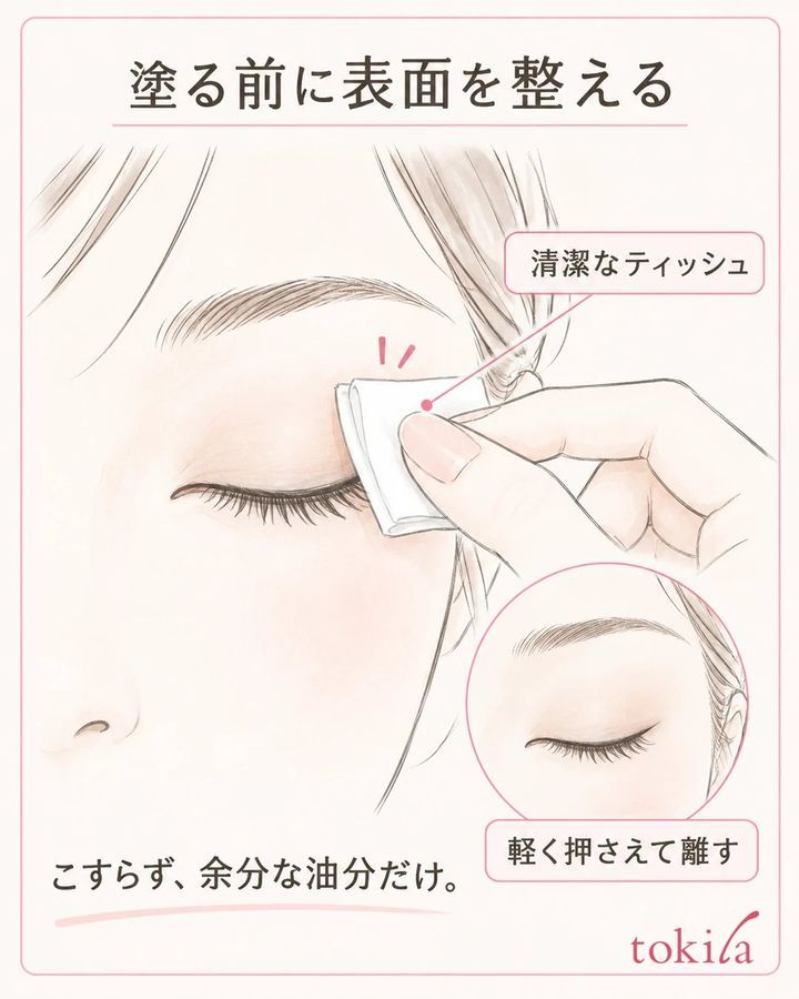 閉じた上まぶたに折ったティッシュの平らな面をやさしく当て、横へこすらず離す操作