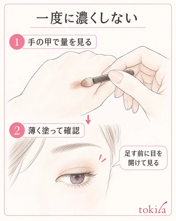 アイシャドウのチップを手の甲に軽く当てて量を調整し、薄く塗ってから目元を確認する手順