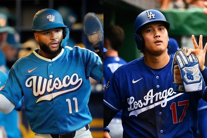 ブルワーズのジャクソン・チョーリオ（左）とドジャース・大谷翔平（C）Getty Images