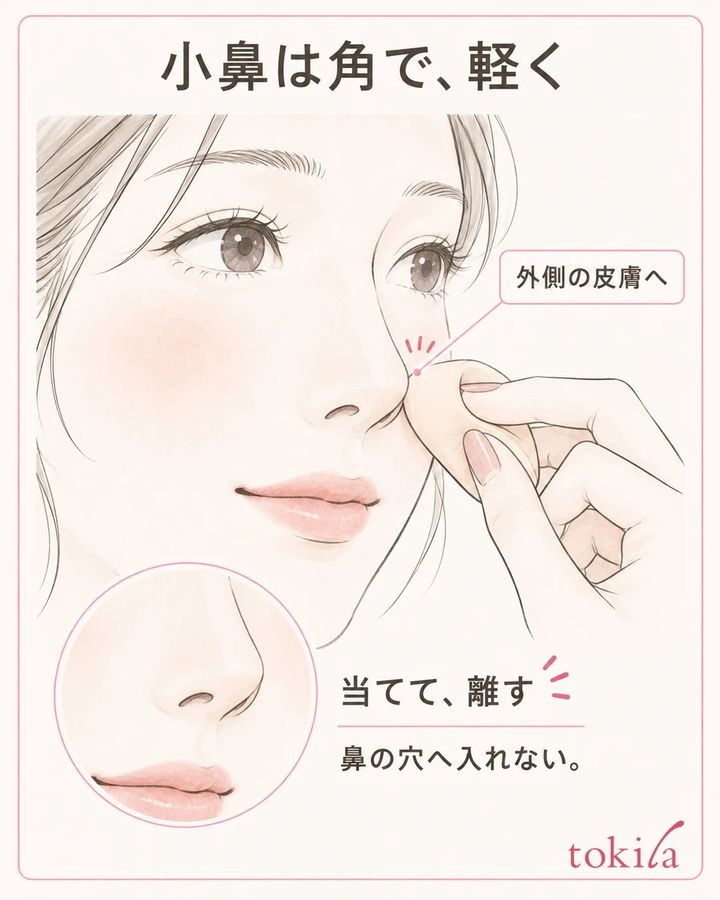 二つ折りのスポンジの丸い角を小鼻外側の皮膚に軽く当て、鼻の穴へ入れずに仕上げる操作