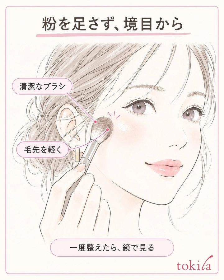 清潔なブラシの柔らかい毛先を頬のハイライトの境目へ軽く当て、余分な粉を整える図