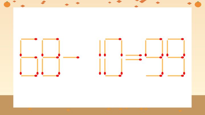 【マッチ棒クイズ】1本だけ動かして正しい式に：68-10=99？の問題画像