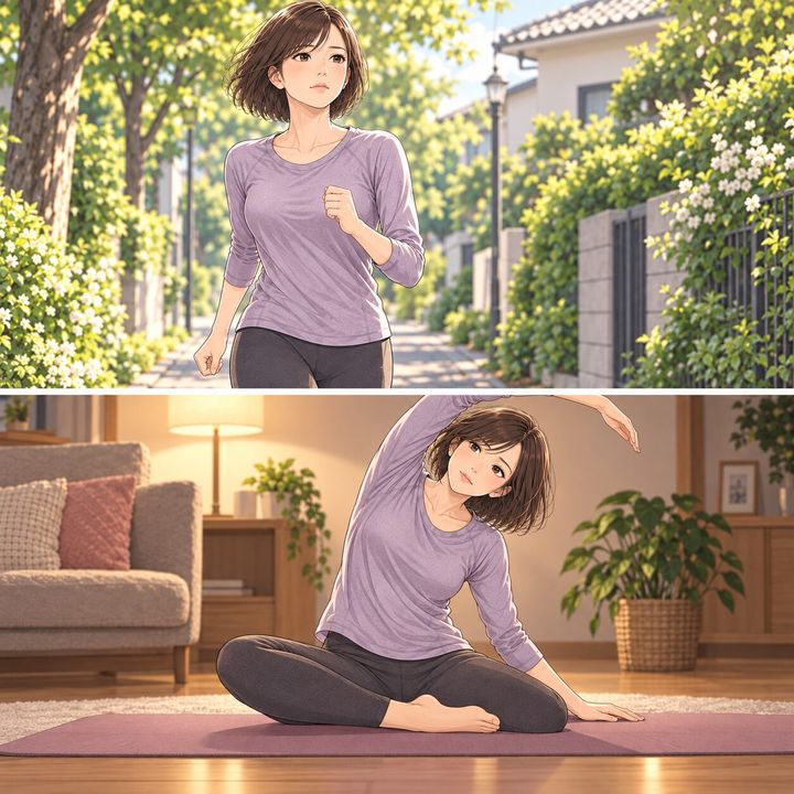 朝のウォーキングと夜のストレッチをする女性の漫画