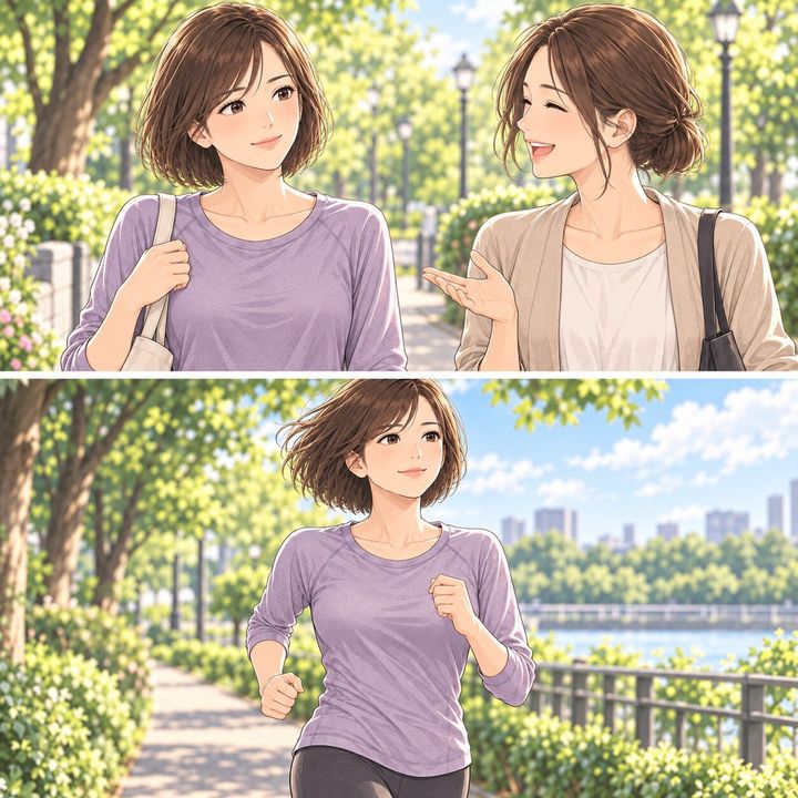 周囲との会話で笑顔を見せ、運動を続ける女性の漫画