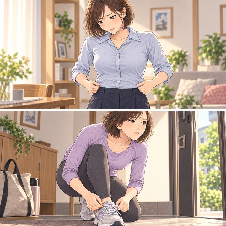 服のきつさを感じて運動を始める女性の漫画