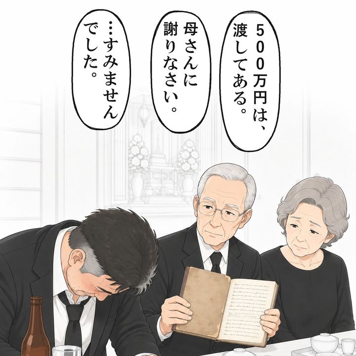義父が渡したお金を読み上げ、義兄は母親の前で頭を下げます