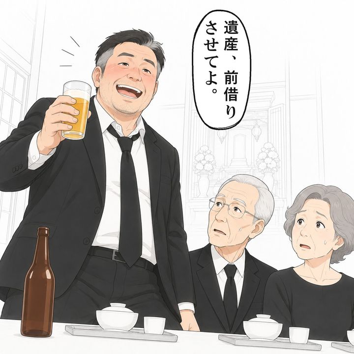 義兄がグラスを手に腰を上げ、遺産の前借りを言い出します