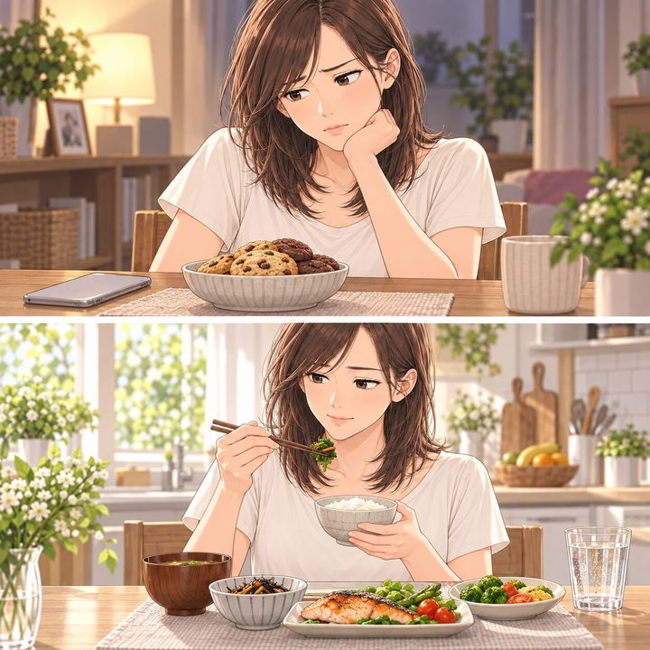 お菓子に迷う場面と朝食を取る女性の漫画