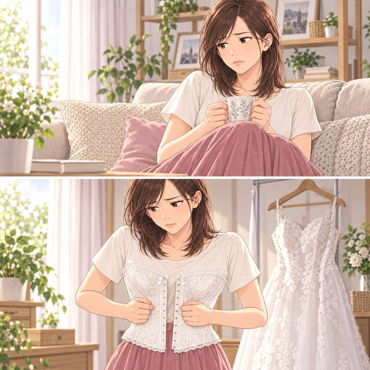 結婚式用のコルセットを手に困る女性の漫画