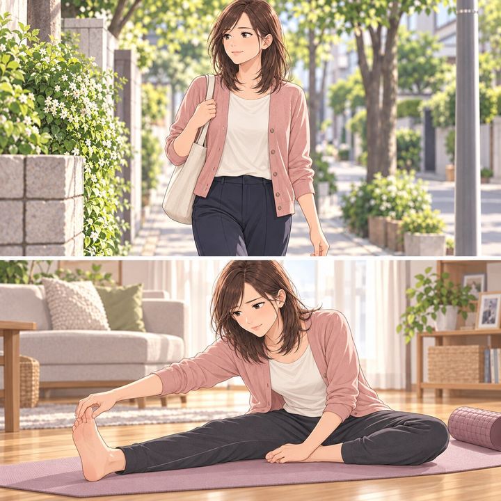 散歩と自宅でのストレッチに取り組む女性の漫画