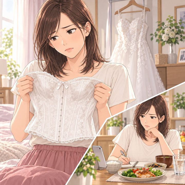 結婚式前にコルセットを手に悩み、食事を見直す女性の漫画