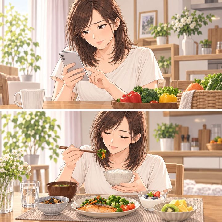 翌日の食事を計画してバランスを意識して食べる女性の漫画