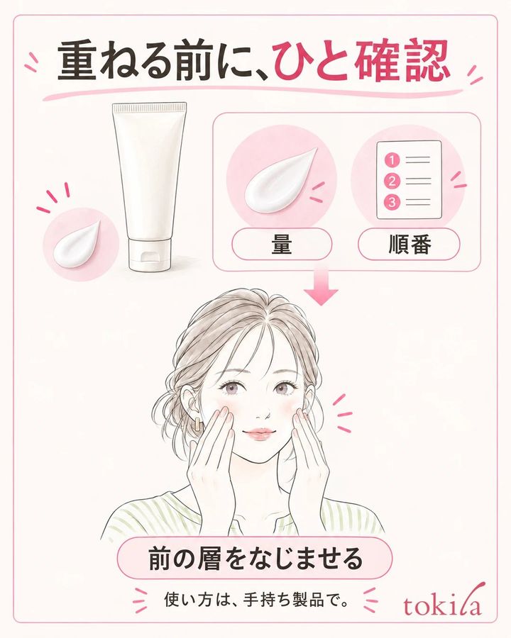 日焼け止めなどの使用量と順番を読み、前の層をなじませてから次の化粧料を使う図