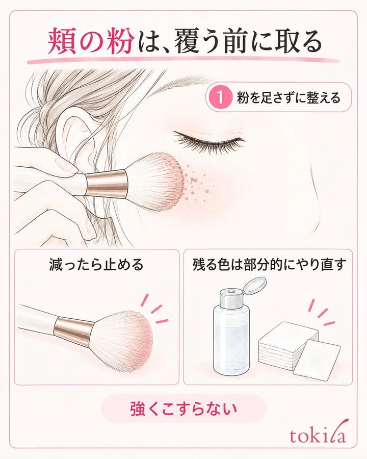 粉のない柔らかいブラシで頬の付着を軽く整え、残る色だけ部分的にやり直す判断図