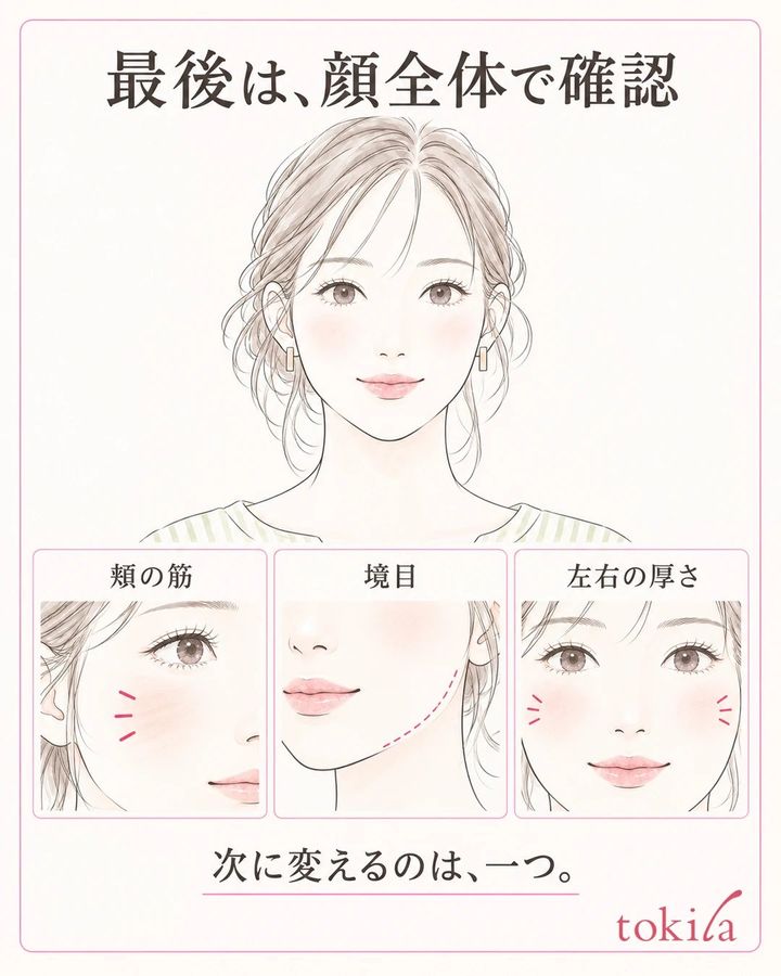 顔全体と頬・フェイスラインの局所を並べ、筋と境目と左右の厚さを確認する図