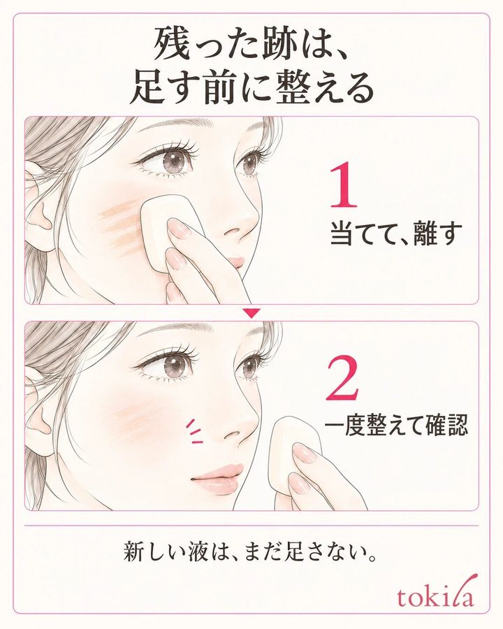 新しい化粧料を取っていないスポンジの面を頬へ軽く当て、離して筋を確認する二工程の図
