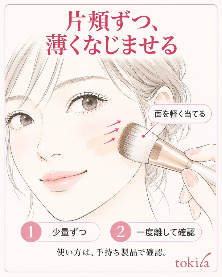 平たいブラシの使用面を頬へ軽く当て、内側から外側へ薄く広げる一例