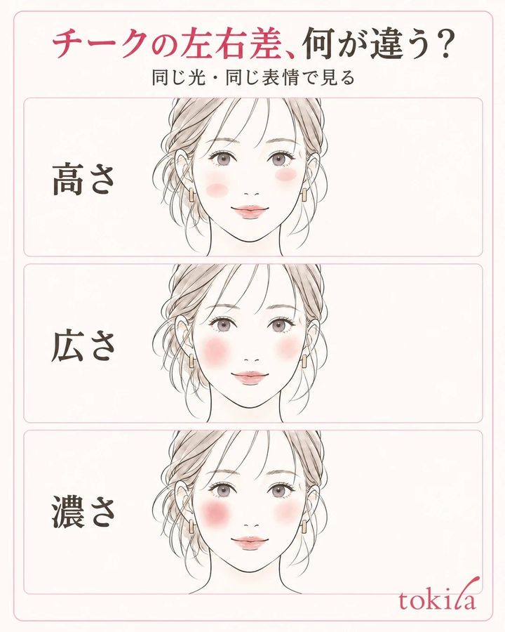 両頬のチークの高さ・広さ・濃さだけを一つずつ変えた三つの観察例