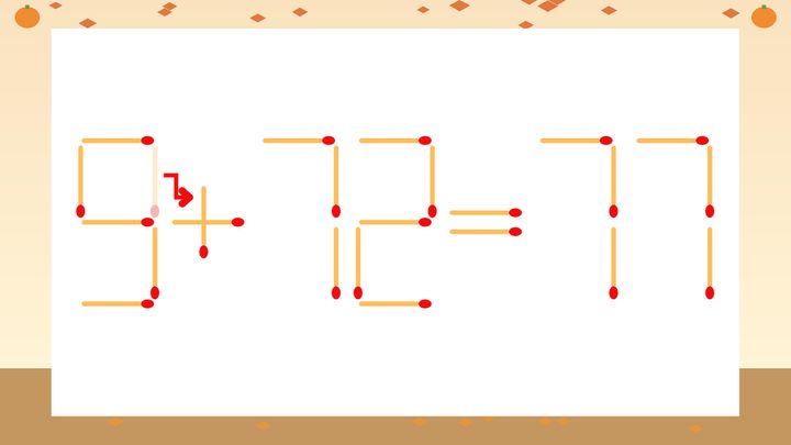 【マッチ棒クイズ】1本だけ動かして正しい式に：9-72=77？の解答画像
