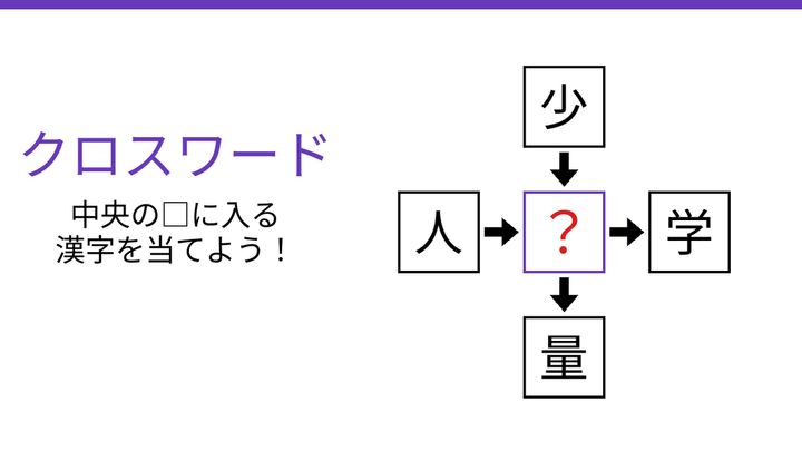 【二字熟語クロスワード】少・人・学・量に共通する一文字は？の問題画像