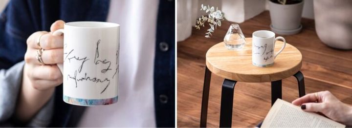 NIKKOの白い磁器に藤田二郎の絵柄を配したマグカップ