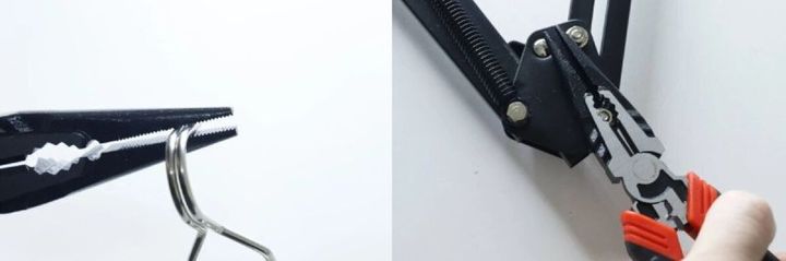 多機能ラジオペンチの先端でワイヤーを掴んでいる。多機能ラジオペンチを握り、六角ソケット部分を使っている。