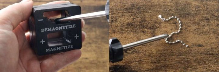 マグネタイザーにドライバーを差し込み磁力を弱めて、磁力が弱まったドライバーの先からボールチェーンが落ちている。