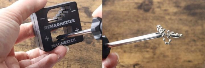 マグネタイザーにドライバーを差し込み磁力を付与し、磁化されたドライバーの先にボールチェーンが塊になってくっついている。
