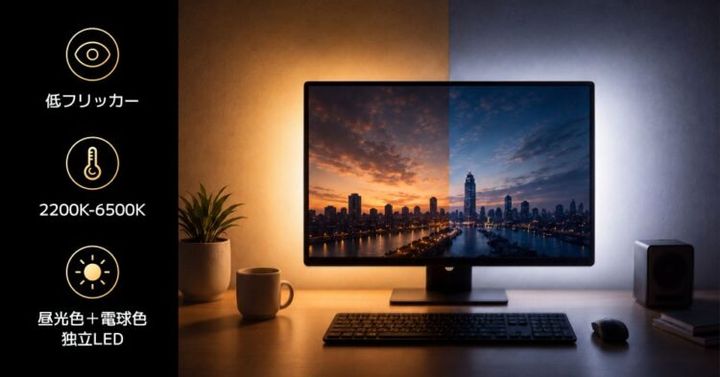 白色光でモニター周辺を照らすライトバーの使用例