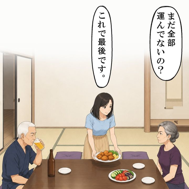 結婚して初めての夏、夫の実家で私は夕食の配膳をしていました