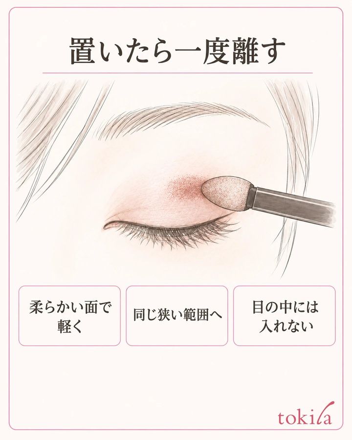 スポンジチップの柔らかい面を上まぶたの狭い範囲へ軽く当てた図