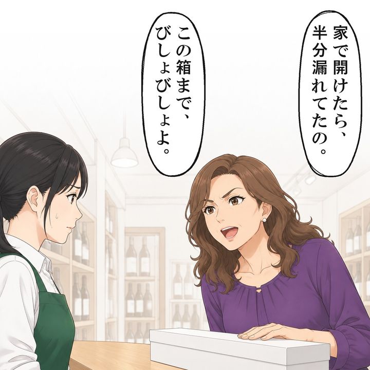 女性は、家で開けたら半分漏れて箱まで濡れたと言いました