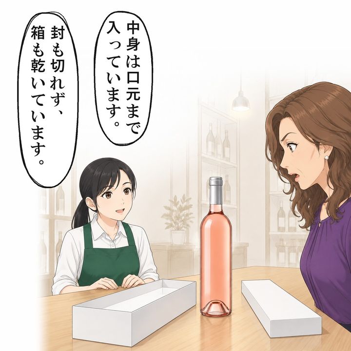 ワインは口元まで入っていて、箱の中も乾いていました