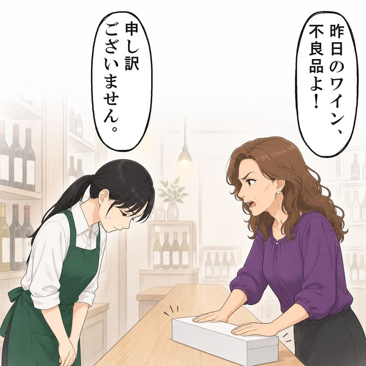 夕方、女性客が昨日買ったワインを不良品だと持ってきました