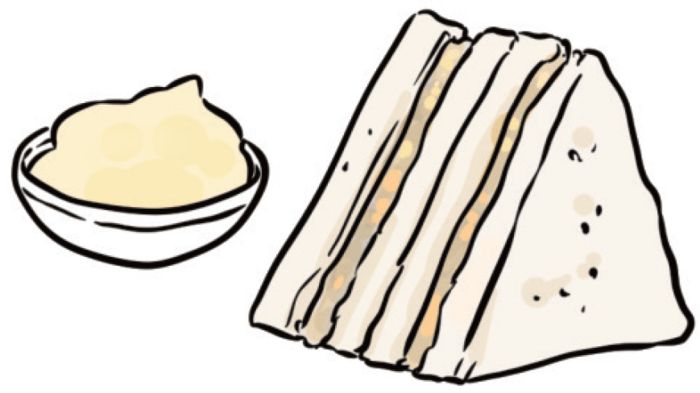 タイのツナサンドのイラスト。タイはマヨネーズが甘いらしく、全体が甘い味である説明付き