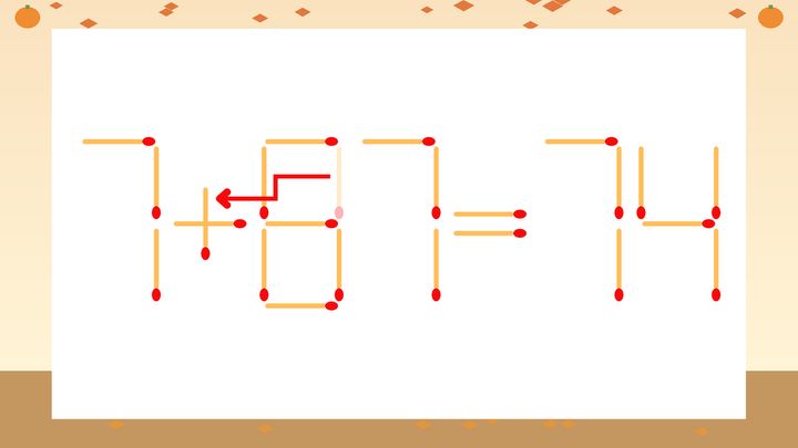 【マッチ棒クイズ】1本だけ動かして正しい式に：7-87=74？の解答画像
