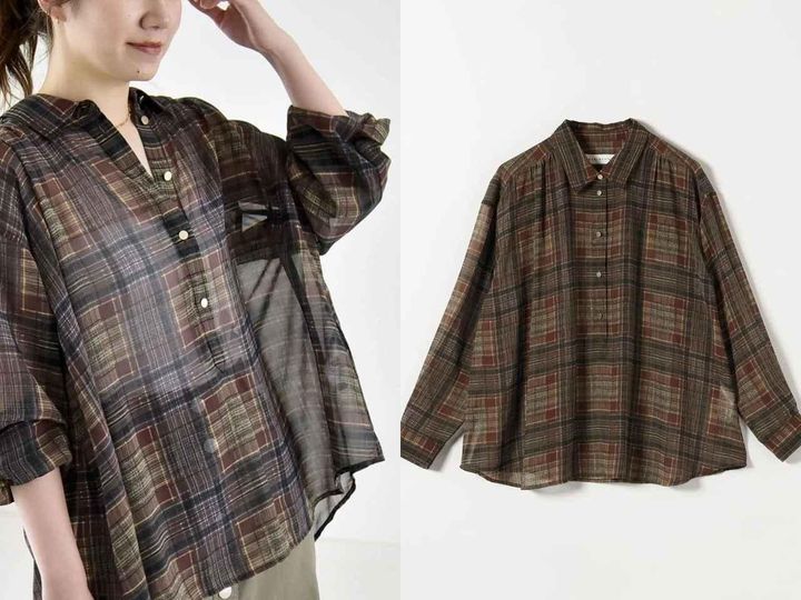 画像: 「シアー チェック ギャザー プルオーバー シャツ」￥12,100 出典：カランシエル