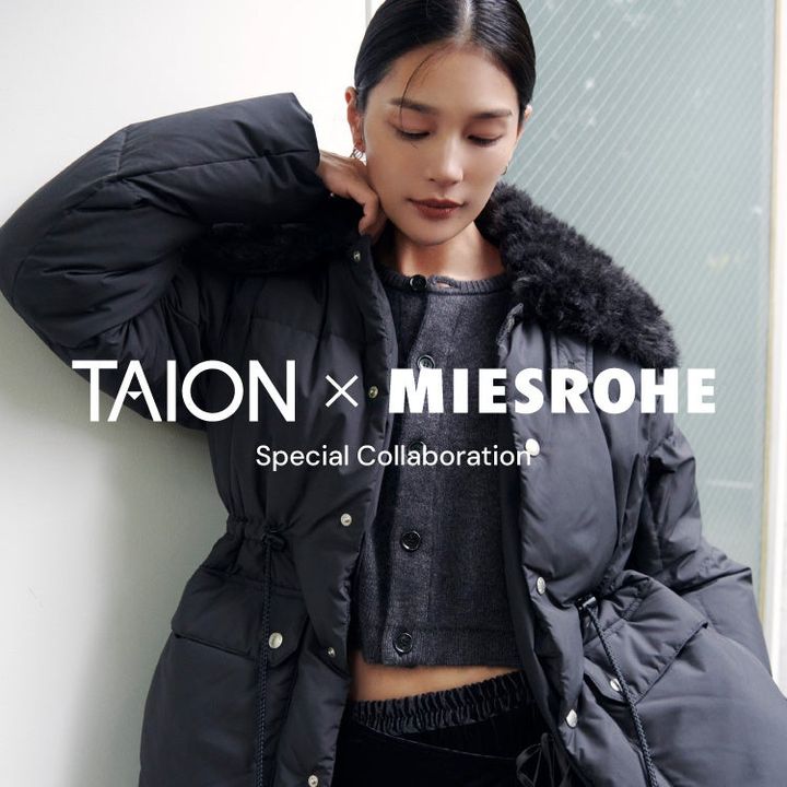 黒のTAIONコラボダウンジャケットを着たMIESROHEのモデル