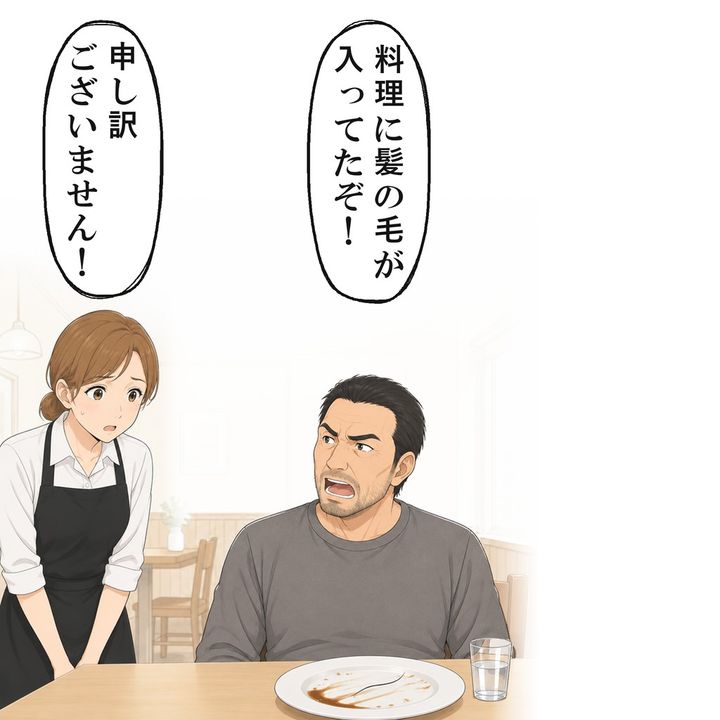 定食を平らげた男性が、髪の毛が入っていたと私を呼びました