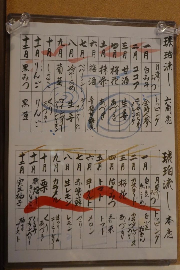 琥珀流しの月替わりメニュー表