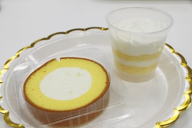 写真左から、新作の「生クリームロールケーキ」(213円)と「ほぼクリームのケーキ」(248円)