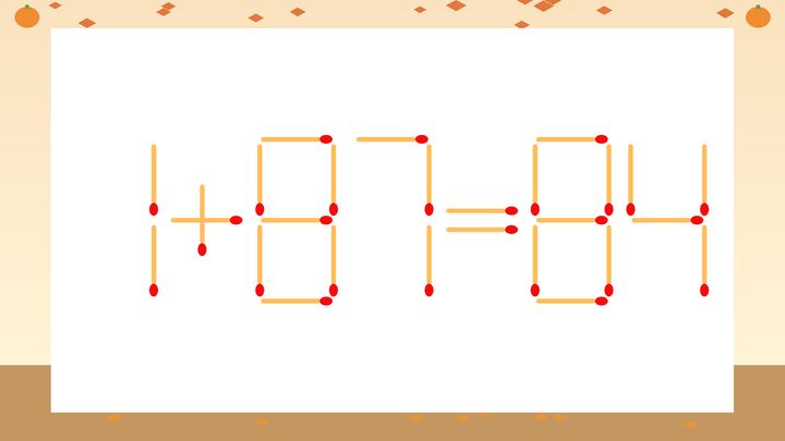 【マッチ棒クイズ】1本だけ動かして正しい式に：1+87=84？の問題画像