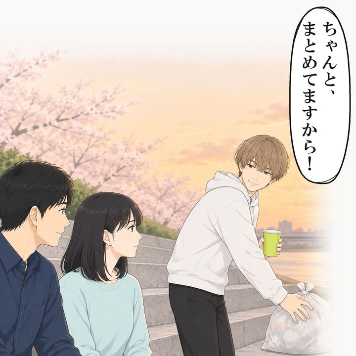 夕方、学生たちはゴミを白い袋にまとめ始めました