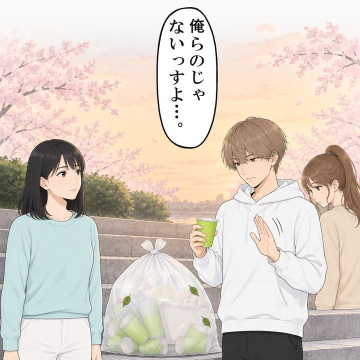 私は植え込みから引き出した学生たちのゴミ袋を、リーダーの前に置きました