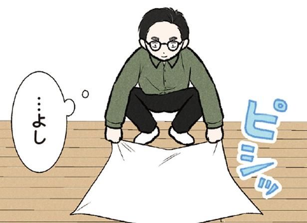 しわくちゃのタオルを直したい飼い主。大型犬が全力で阻止!? （C）今日のルンルン、黒羽沙乃／KADOKAWA