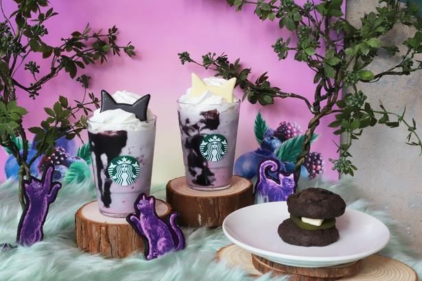 写真左から「ブラックベリー ヨーグルト フラペチーノ 黒耳ver./白耳ver.」(テイクアウト717円、イートイン730円)、「抹茶あんバター チョコスコーンサンド」(テイクアウト412円、イートイン420円)