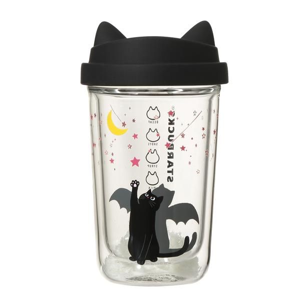 ねこ耳デザインのリッドは飲み口付きで便利！「ハロウィン2026ダブルウォール耐熱グラスカップキャットグローインザダーク355ミリリットル」(3700円)